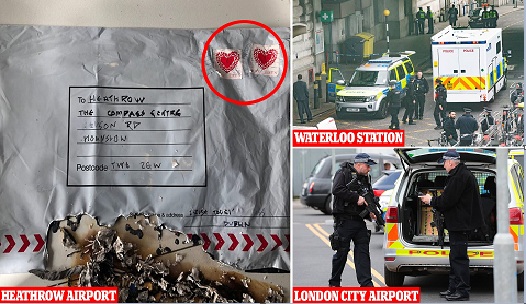 Parcel bombs posted to Heahrow, London City apt and Waterloo station
